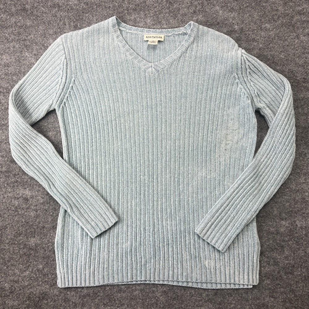 Ann Taylor Blue Wool Blend Crewneck Ribbed Knit Pullover Sweater Size S V-Neck